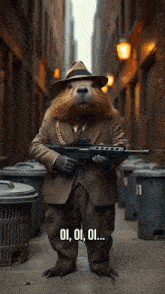 a lion in a suit and hat is holding a gun and says " oi oi oi "