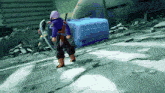 a character in a video game is standing in front of a blue object