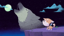 a cartoon of a wolf howling at a full moon