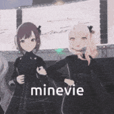 a group of anime girls are standing in front of a sign that says minevie on it