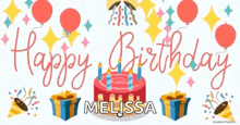 a birthday greeting card for melissa with a cake and presents