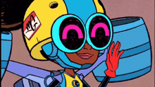 a cartoon character is wearing a helmet and sunglasses .