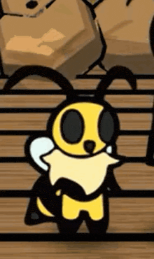 a cartoon of a bee standing on a wooden bench .