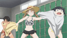 three anime girls are standing in front of green lockers and one is wearing a hat