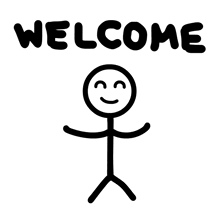 a stick figure is standing in front of a sign that says welcome