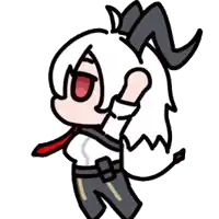a cartoon character with horns and a red tie is kneeling down with his hands in the air .