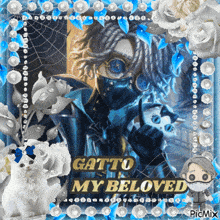 a picture of a man with a mask and the words " gatto my beloved " on it