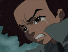 a cartoon character is crying in the rain with a serious look on his face