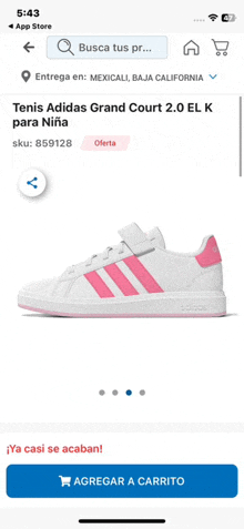 a phone screen shows a pair of adidas grand court 2.0 el k para niña