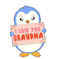 a penguin holding a pink sign that says i love you grandma