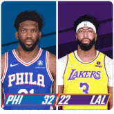a philadelphia basketball player and a lakers basketball player are shown