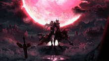 a man and a woman standing in front of a pink moon
