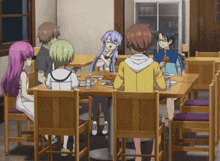 a group of anime characters are sitting around a table with plates of food