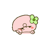 a pink cartoon character with a green flower on her head