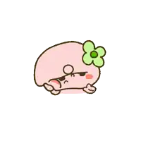 a pink cartoon character with a green flower on her head