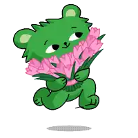 a green bear holding a bouquet of pink flowers