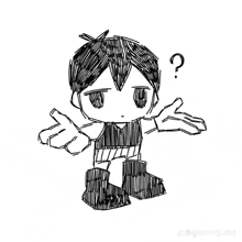 a black and white drawing of a boy with his arms outstretched and a question mark .