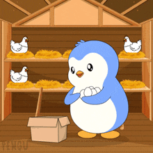 a blue and white penguin is standing next to a cardboard box