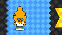 a cartoon character wearing glasses is standing in front of a checkered background