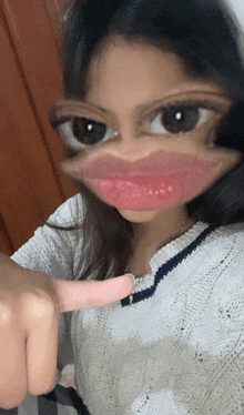 a girl making a funny face with her finger in front of her face