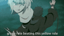 a cartoon character with the words " green role beating this yellow role "