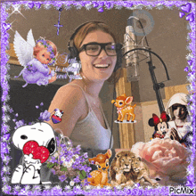 a picture of a woman wearing headphones and surrounded by cartoon characters including snoopy with a heart in his mouth