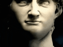a close up of a statue 's face with a black background