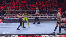 two women are wrestling in a wrestling ring with a referee and a crowd watching