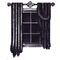 black and white drawing of a window with purple curtains