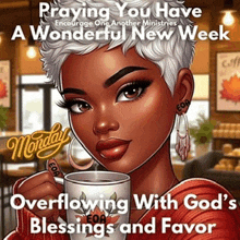 a cartoon of a woman holding a cup of coffee with the words praying you have a wonderful new week .