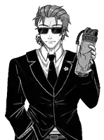 a black and white drawing of a man in a suit and tie