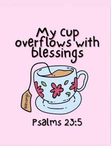 a drawing of a cup of tea with the words " my cup overflows with blessings " on it