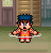 a pixel art of a boy with blue hair