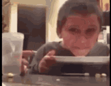 a young boy is sitting at a table with a plate in front of him .