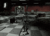 a room with a checkered floor and a sign that says pizza