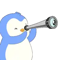 a penguin is looking through a telescope with its eyes closed