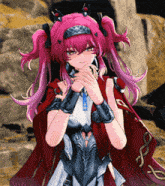 a girl with pink hair is wearing a red cape and gloves