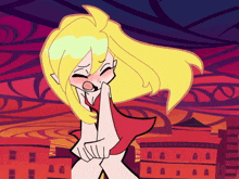 a cartoon drawing of a girl with blonde hair and a red dress