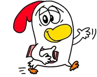 a cartoon chicken with a red comb and yellow beak