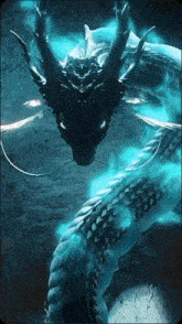 a dragon is surrounded by blue smoke and looks like it is swimming in the water