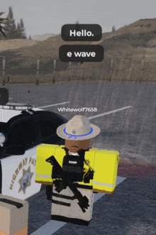 a roblox character standing in front of a highway patrol car