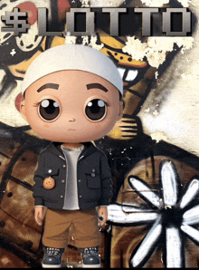 a cartoon character is standing in front of a graffiti wall with the word lotto written on it