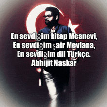 a man with glasses and a beard stands in front of a turkish flag