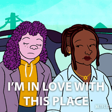 a cartoon of two women sitting in a car with the words i 'm in love with this place