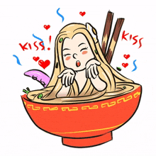 blonde girl ramen chopsticks kiss