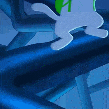 a white cartoon cat with a green backpack is walking on a blue pipe