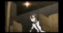 a cartoon character is standing in a dark room with a light shining from the ceiling .