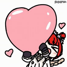 a cartoon character is holding a large pink heart .