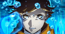 a close up of a boy 's face with bubbles coming out of it