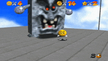a video game screen shows a smiley face being attacked by a monster and the number 14
